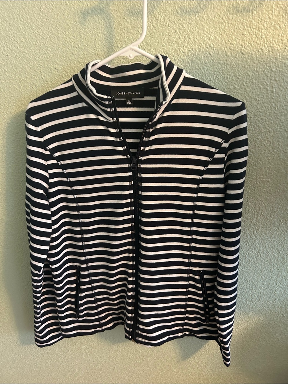 Jones New York Navy and White Striped Zip-Up Jacket.Size Medium